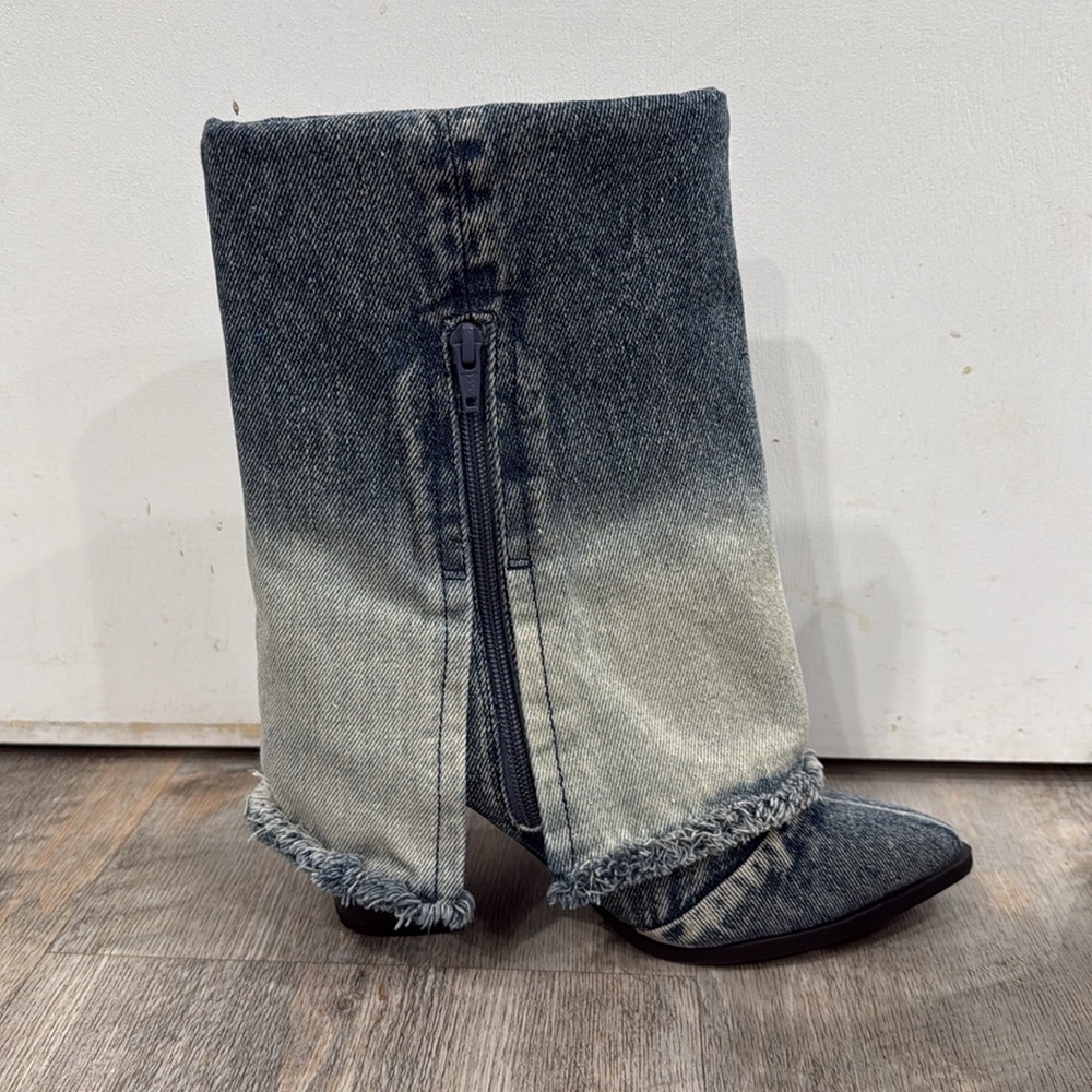 Target Wild Fable Blue Denim Jean Western Cowboy Zipper Fringe Boots Size 8 - Picture 4 of 9